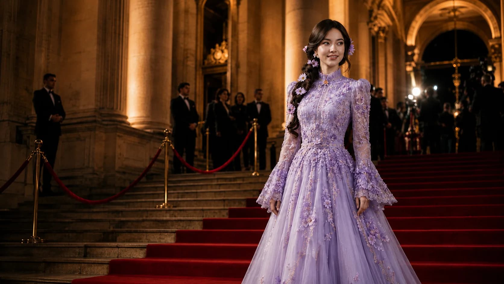 A woman in an embroidered lavender gown on the red-carpeted steps of a museum gala at night