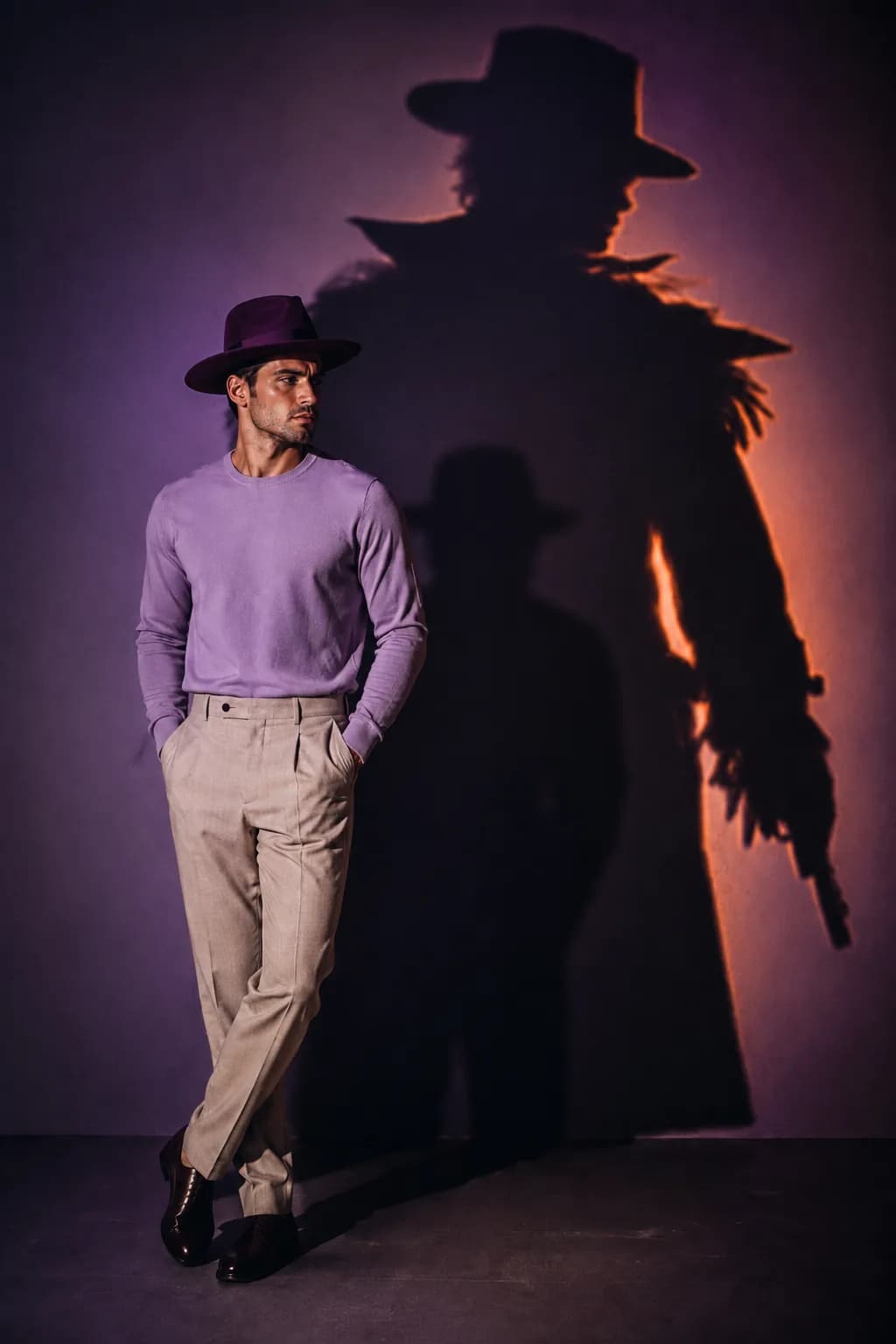 A man in a fedora and a lavender sweater in front of a looming noir shadow