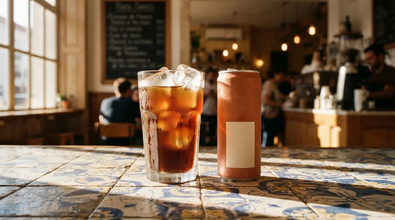 A glass of iced cold brew beside a terracotta can on a blue and white tiled café counter in hard afternoon sun