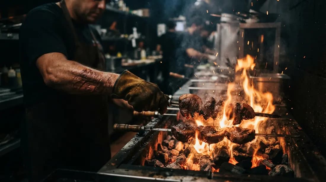 Skewers of beef searing over open flames at night, a gloved cook turning them