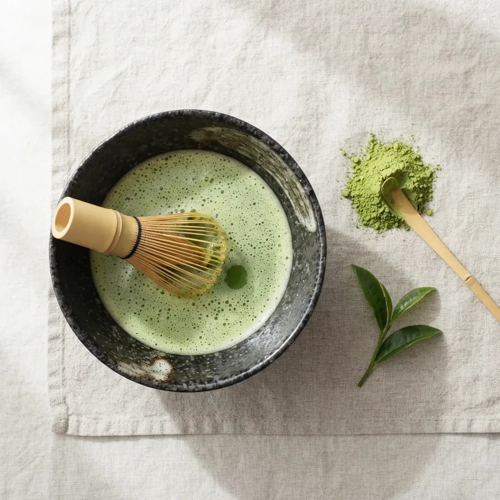 Frothy green matcha being whisked in a dark ceramic bowl on pale linen, seen from above