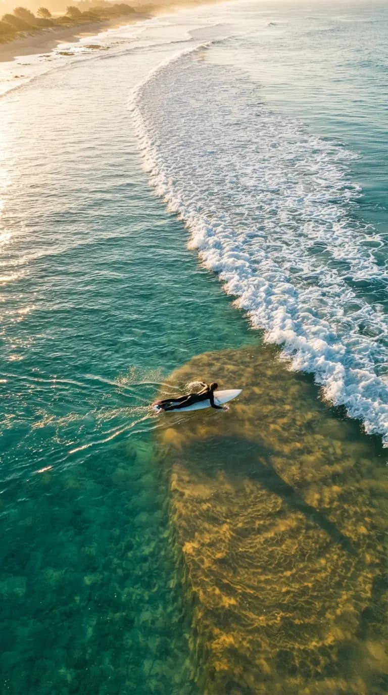 An aerial view of a surfer paddling out through clear teal water beside a breaking wave at sunrise