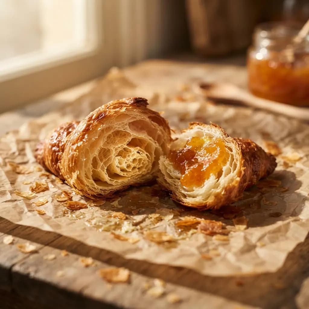 A croissant torn open on baking paper, its flaky layers and apricot jam lit by morning sun