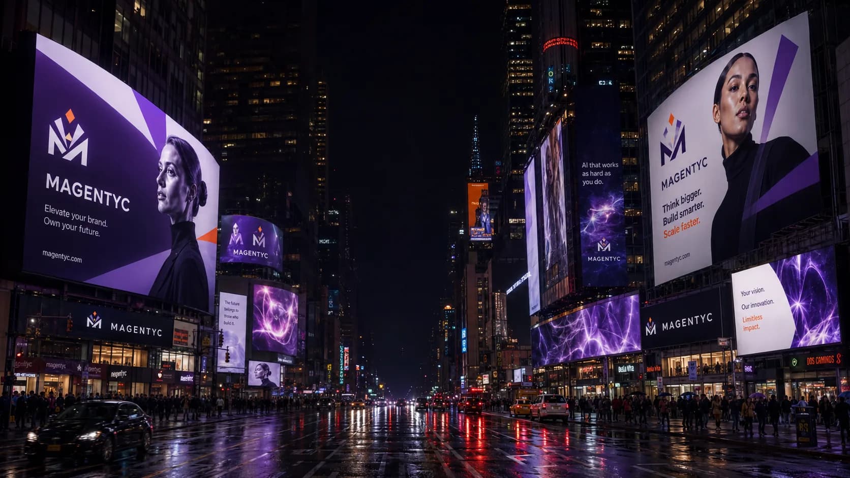 Magentyc billboards lighting up a rain-soaked city street at night